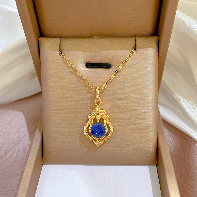 Damen Wassertropfen Halskette Mit Edelstein Aus Edelstahl Gold_voghion.com