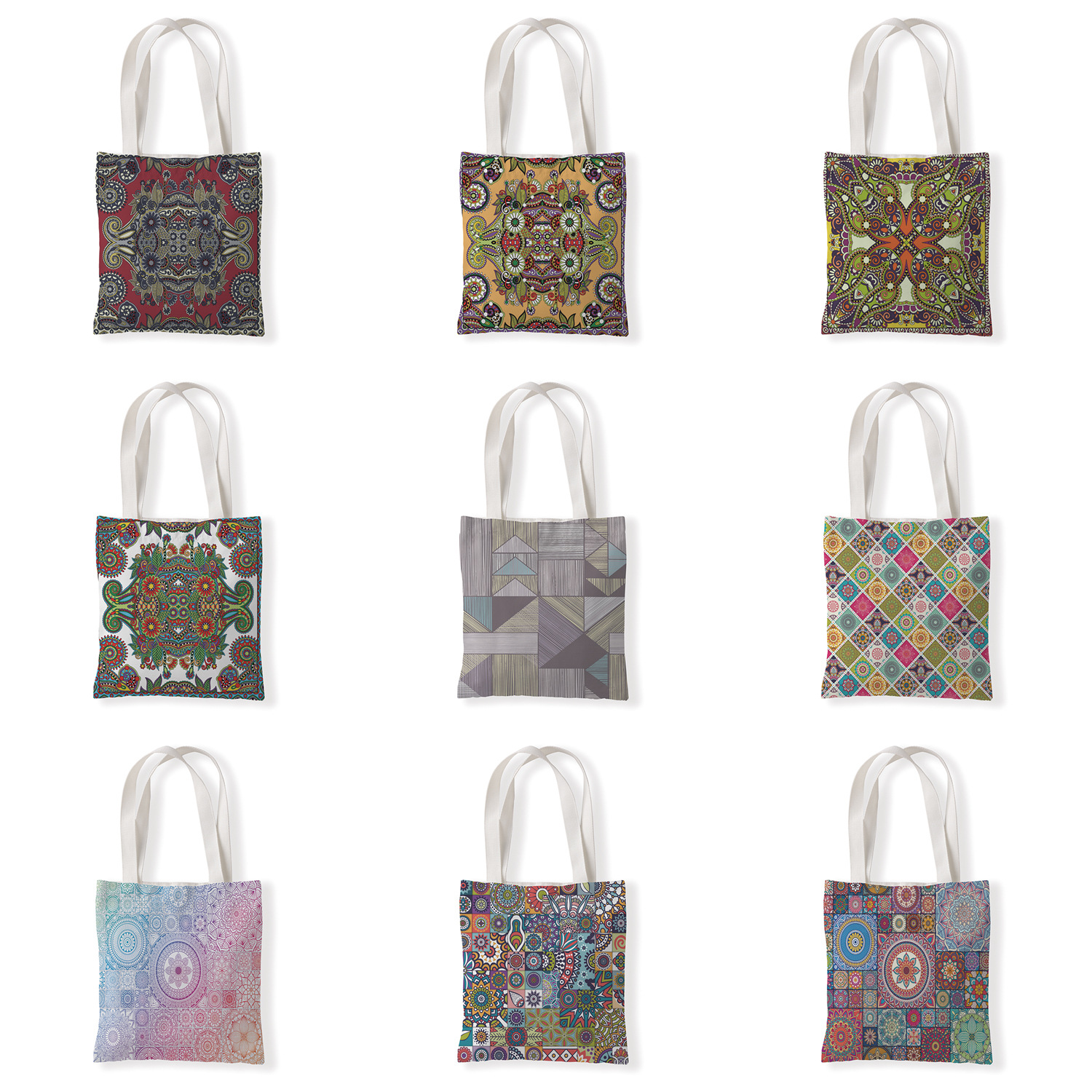 几何曼陀罗印花手提时尚单肩购物袋休闲零钱袋文艺手提帆布袋