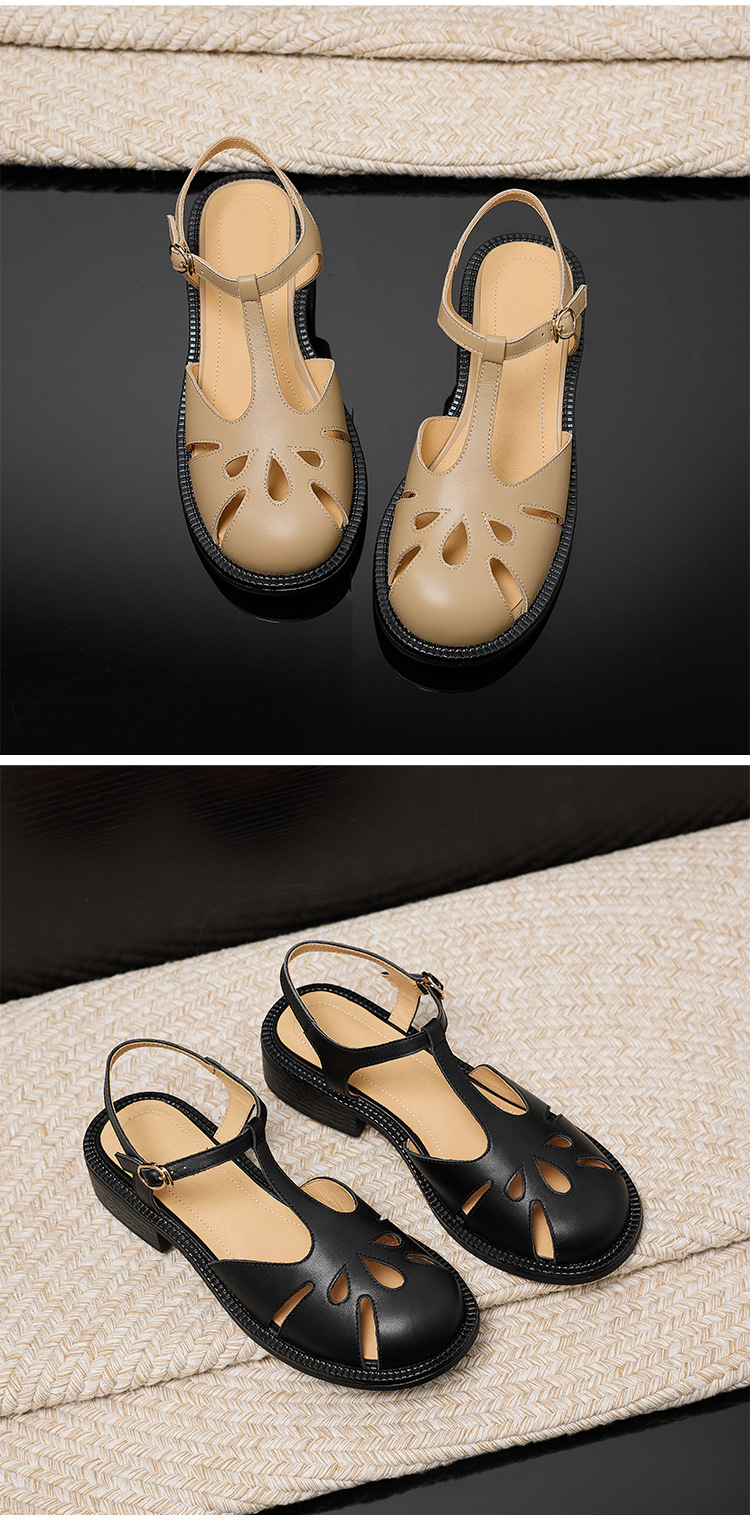 Sandal nữ da bò kiểu La Mã quai chữ T gót thấp — màu nâu chi tiết 15