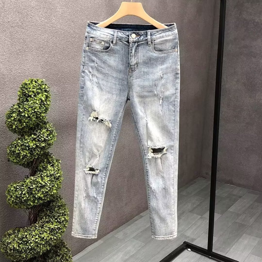 Blue jeans men's 2023 spring and summer new casual high street cat beard ripped slim fit skinny all-match fashion brand trousers