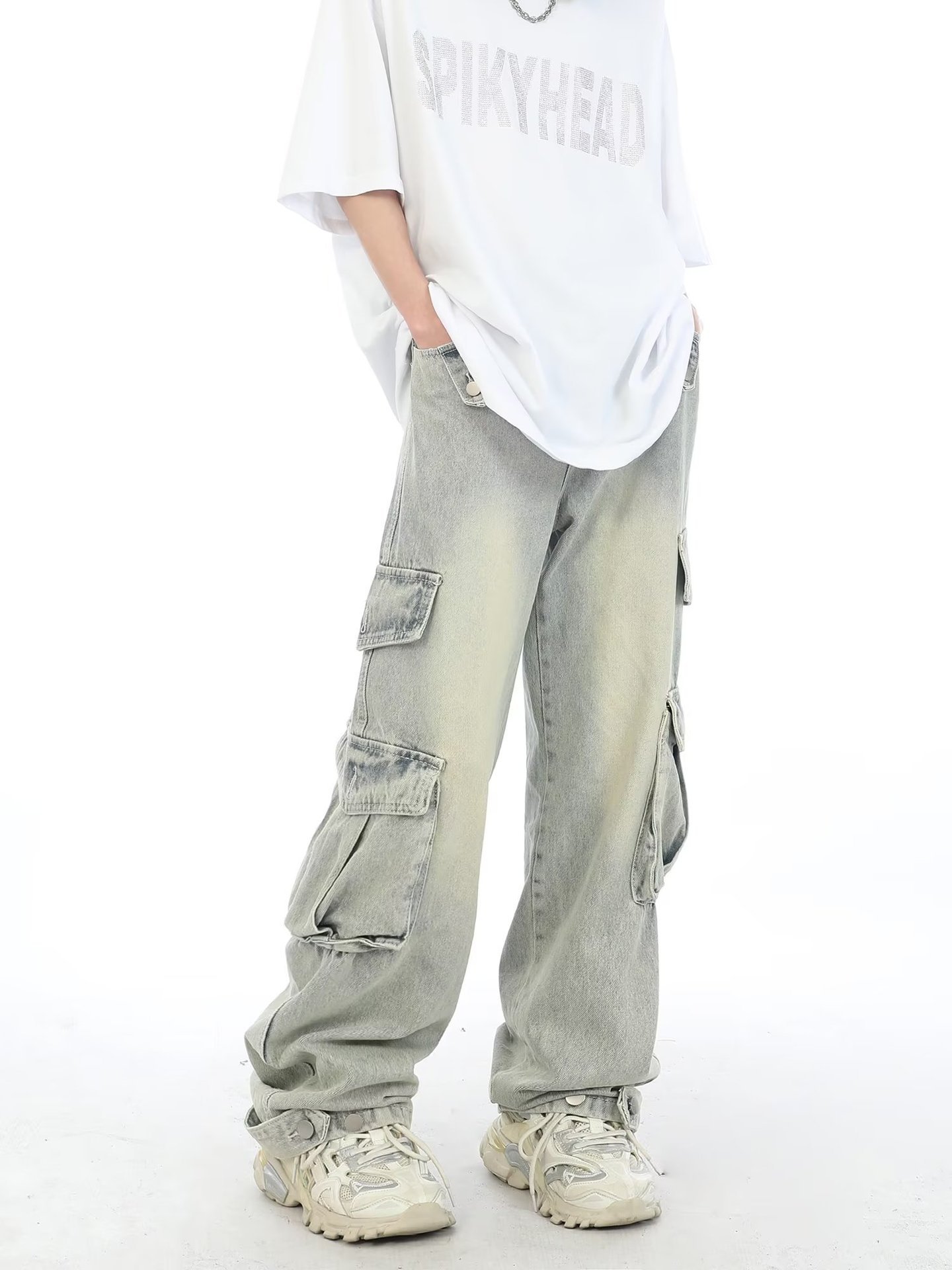 Jeans cargo multitasche stile retrò americano da uomo, pantaloni lunghi lavati vintage, stile streetwear pesante_voghion.com