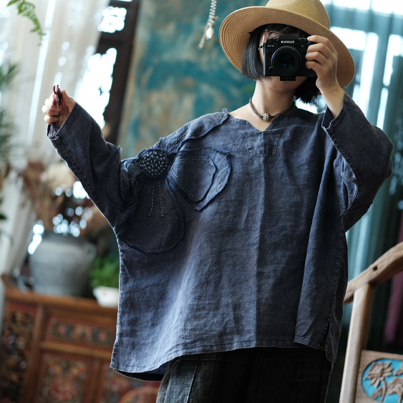 Original Design by Xiaonu Girl: Vintage-Style Distressed Snowflake Washed Ramie Loose Niche Jacket 2177 Lan