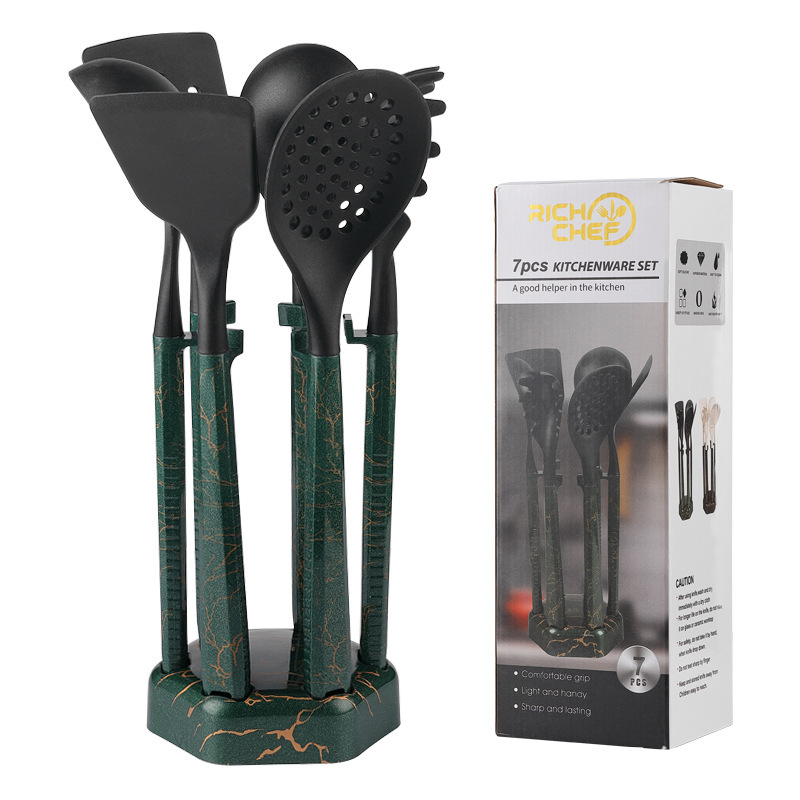 Juego de utensilios de cocina de pala de silicona con patrón de piedra de imitación transfronteriza con mango pp de almacenamiento, fabricante de cuchara de sopa de silicona de grado alimenticio