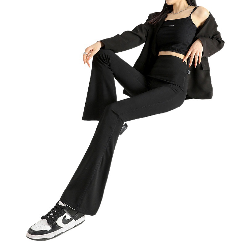 Pantalones de herradura con parte inferior de piel de tiburón para mujer, ropa exterior de otoño, nuevos pantalones acampanados ajustados con cintura alta y ajuste de barriga con cintura alta y piernas ligeramente acampanadas