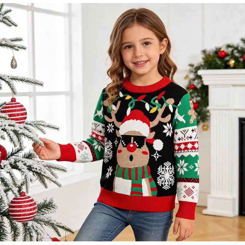 Christmas Deer Cartoon Round Neck Pullover Long-Sleeved A-Class Cross-Border Ins New Pure Cotton Snowflake Sweater for Boys and Girls Christmas Deer Cartoon Round Neck Pullover Long-Sleeved A-Class Cross-Border Ins New Pure Cotton Snowflake Sweater for Boys and Girls