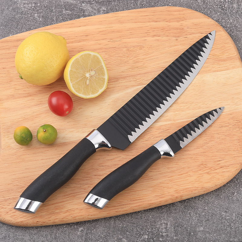 Spot Factory Venta caliente Juego de cuchillos de tres piezas con patrón de ondas negras Cuchillo de frutas Cuchillo de chef Juego de tijeras de cocina