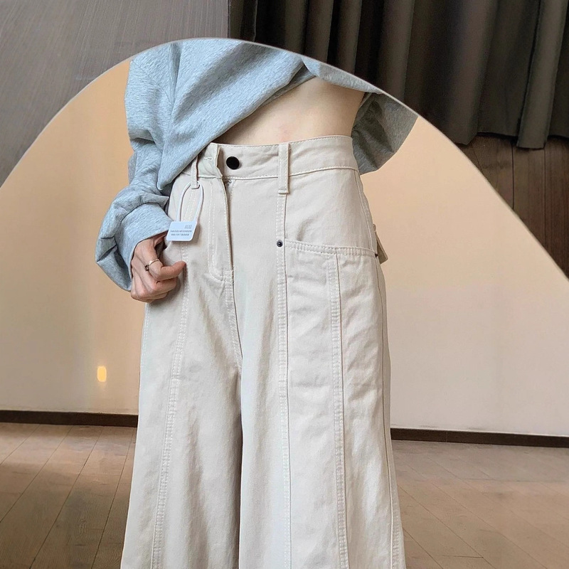 沙白色美式工装牛仔裤女高腰显瘦设计感2025秋季设计感直筒阔腿裤|undefined