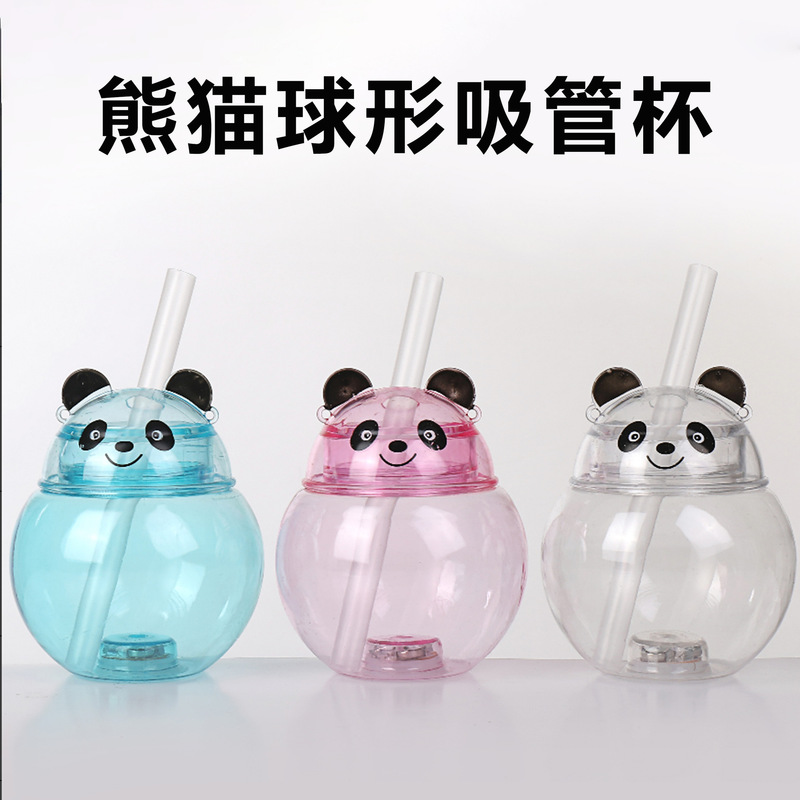 创意卡通一次性带灯小熊猫动物塑料吸管杯个性发光果汁冷饮造型杯|undefined