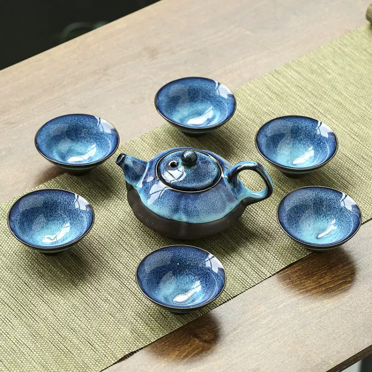 天目釉蓝色兔毫拉丝窑变功夫茶具套装特价陶瓷建盏斗笠杯礼品批发