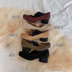 真皮仙女芭蕾舞鞋外穿淺口單鞋女法式高跟粗跟豬鼻子復古瑪麗珍鞋