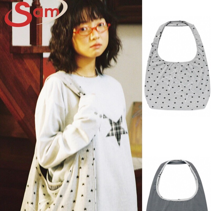 Sam·Korean Retro Double Star Half-Moon Bag Shoulder Bag Large Capacity Canvas Bag Classic Gray