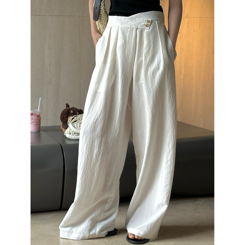 Louvre Summer New Korean Lazy Style Tencel Linen Diagonal Placket Casual Pants Light and Breathable Loose Wide-Leg Pants for Women