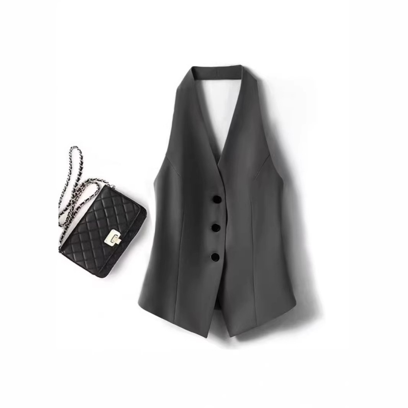 Gray Halter Neck Suit Vest for Women, 2026 Spring/Summer New Design, Slimming Backless Style, Elegant Short Vest