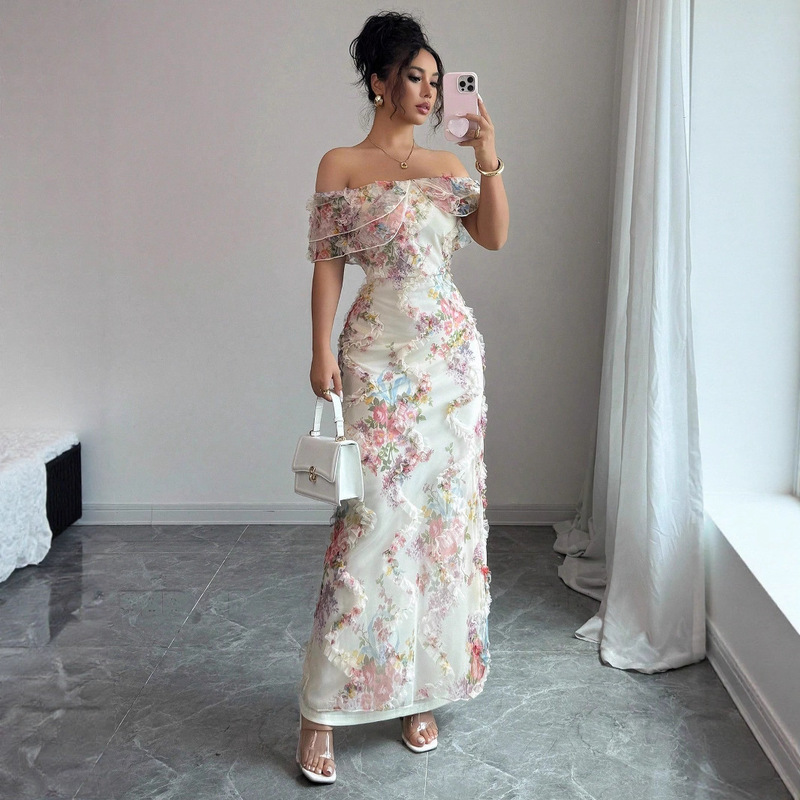 Elegant and Romantic Ruffled Off-The-Shoulder Waist-Cinching Tight-Fitting Mesh Floral Dress for Women Elegant and Romantic Ruffled Off-The-Shoulder Waist-Cinching Tight-Fitting Mesh Floral Dress for Women