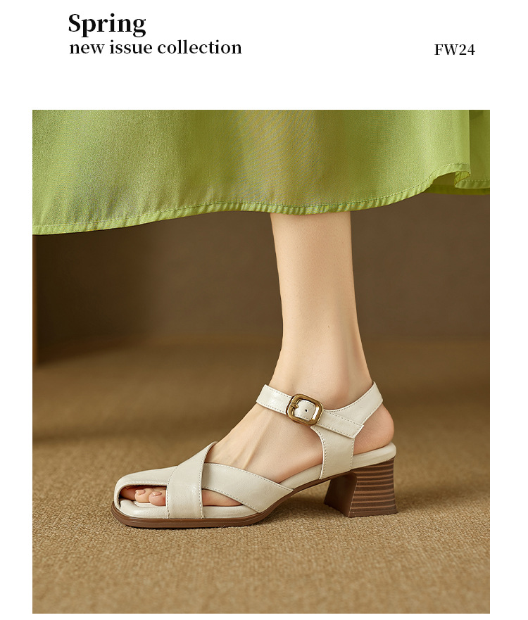 Sandal nữ da bò kiểu Pháp đế mềm thấp gót đi làm mùa hè — đen chi tiết 13