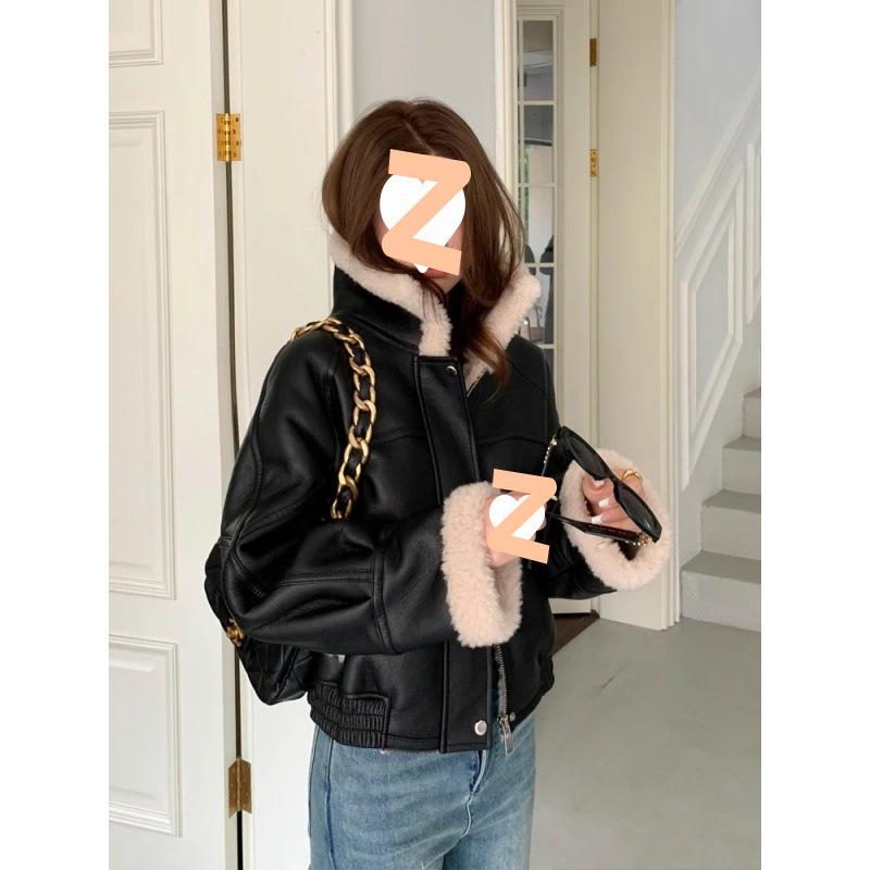 Lamb Fur Jacket Short Leather Jacket for Women 2025 Winter New Fur Integrated Jacket Women's Motorcycle Jacket