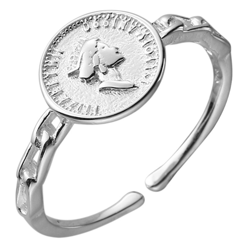 925 Sterling Silver Portrait Round Brand Ring Women's European and American Retro Fashionable Hip Hop Street Opening Design Ring J0371