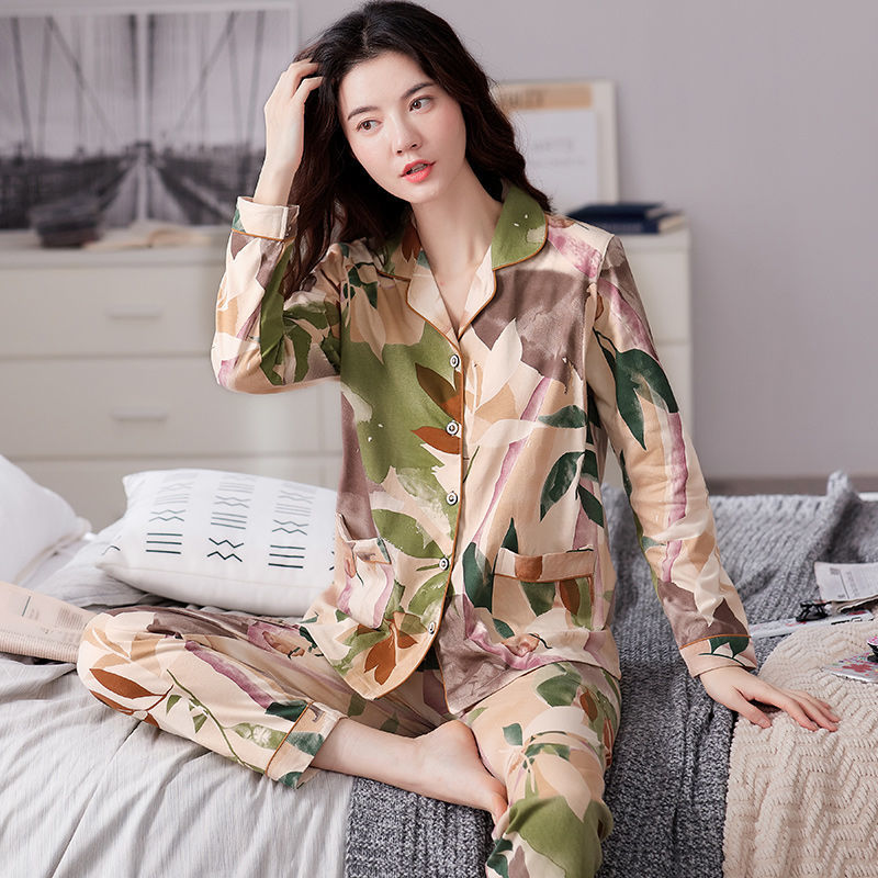 Más tamaño % Pijama de algodón traje de invierno de manga larga de primavera y otoño de las mujeres de mediana edad homewear se puede usar fuera
