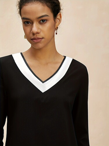 Autumn AliExpress & Amazon: New Fashionable Simple V-Neck Patchwork T-Shirts—Versatile Long-Sleeve Tops for Europe and America