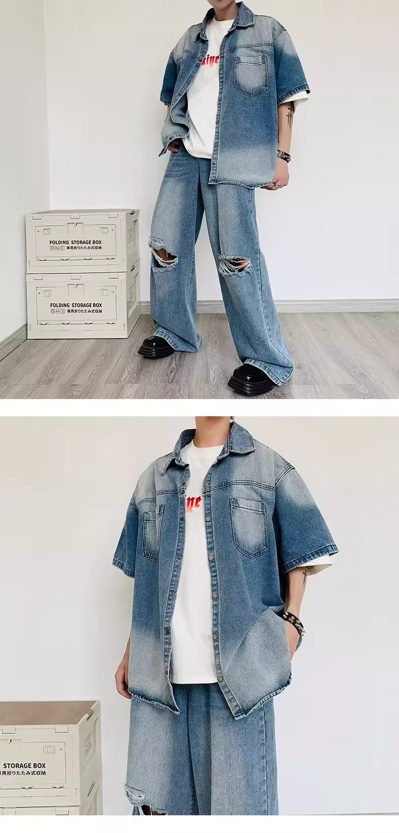Camicia in denim vintage rétro e jeans strappati da uomo_voghion.com