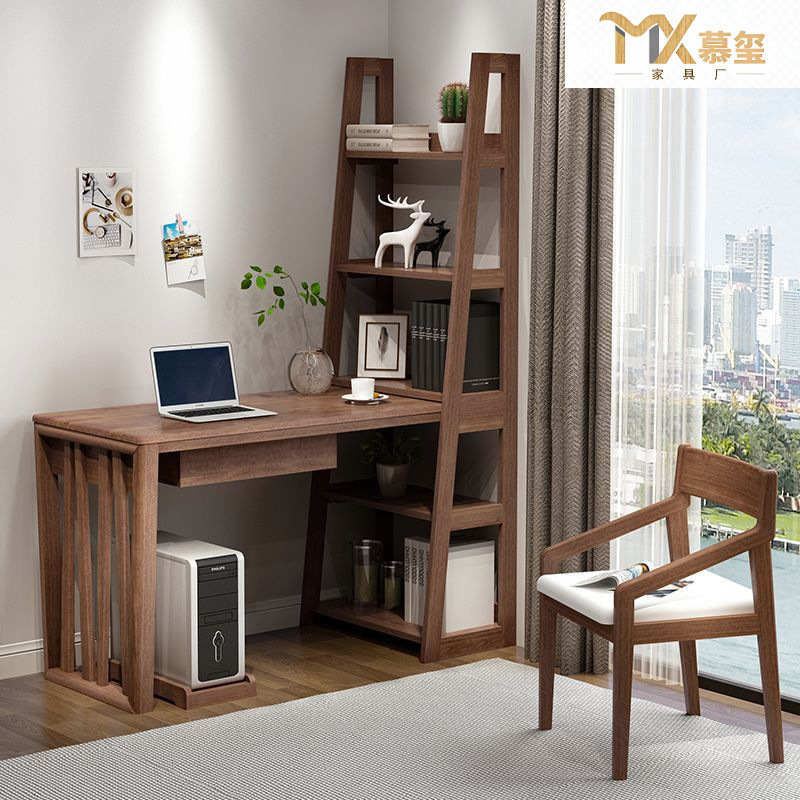 All Solid Wood Desk Bookshelf Combination Modern Simple Corner Home Writing Desk Bedroom with Bookcase Integrated Computer Desk