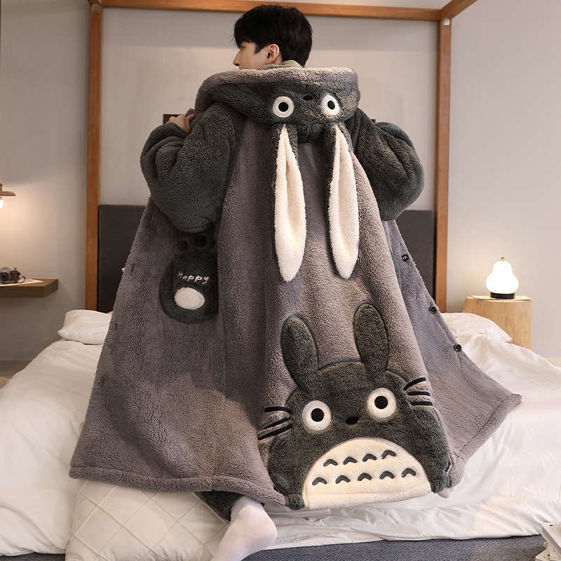 Men's Pajamas Autumn and Winter Thickeneded Flannel Fleece-Lined Coral Velvet Long Youth Cartoon Pajamas Home Wear Set