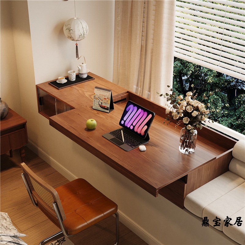 Solid Wood Computer Desk, Antique Style, Pull-Out Bay Window Table, Bedroom Balcony Study Desk with Sliding Cabinet, Glass Cabinet