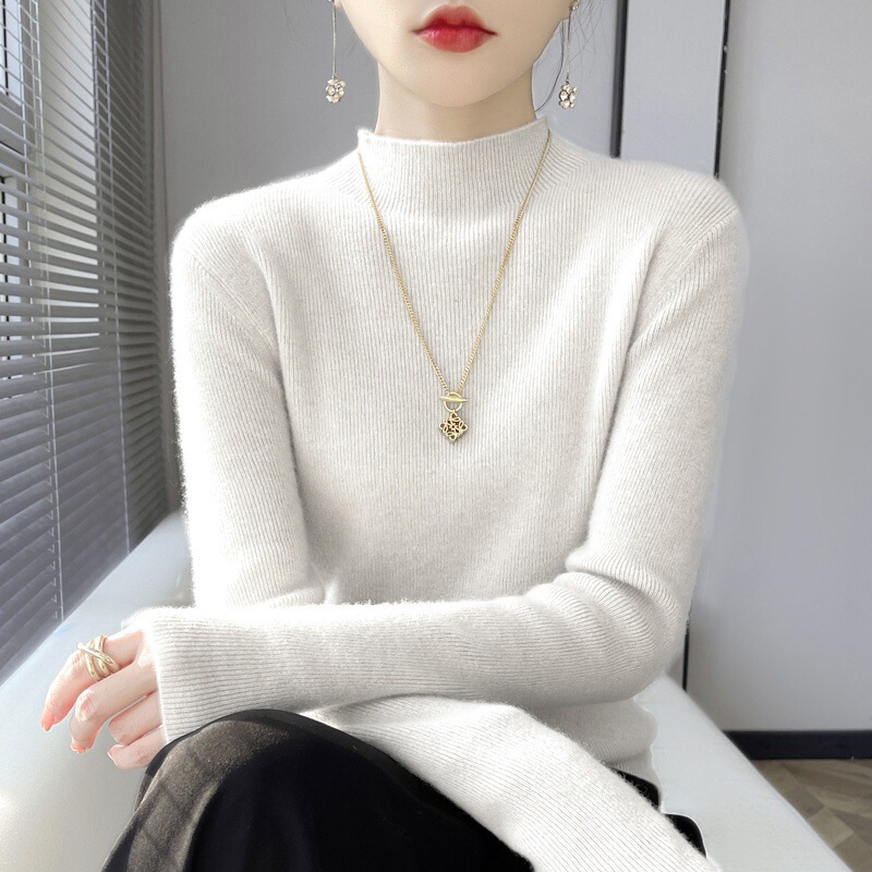 New autumn and winter women's half-high collar base shirt, long-sleeved cashmere sweater, slim-fit knitted tight top with mid-collar
