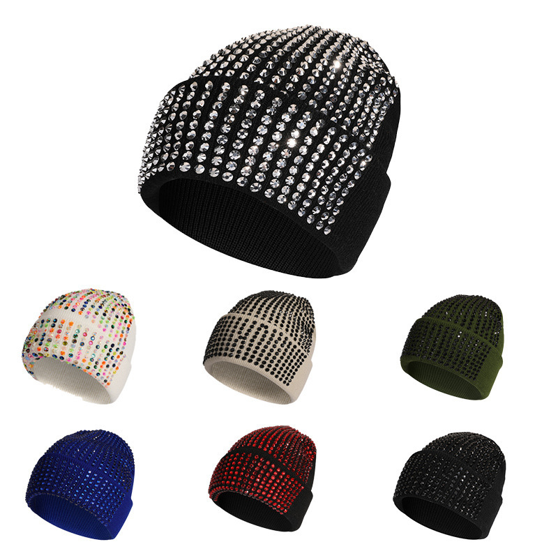 Cross-Border Amazon New Solid Color Rhinestone Beanie Autumn and Winter Knit Hat Adult Versatile Trendy Beanie