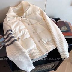 2025春秋设计感拼接针织立领轻薄夹棉外套女上衣时尚保暖棉衣棉服