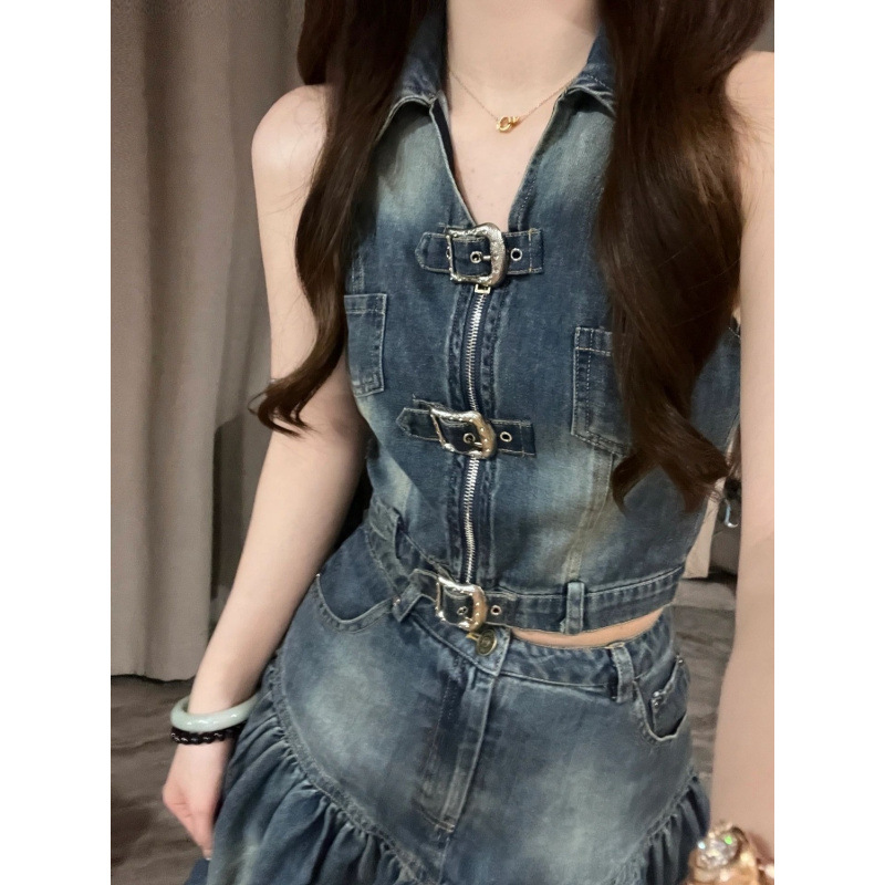 Retro summer denim top with cups