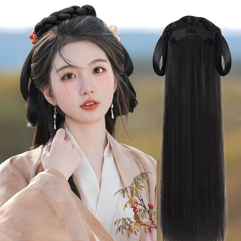 Ancient style hanfu wig women's one-piece warring states robe studio shape long straight hair double ring soft bun hair extension piece in stock