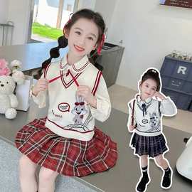 女童洋气卡通休闲风V领针织背心儿童宝宝春秋季新款可爱学院马甲