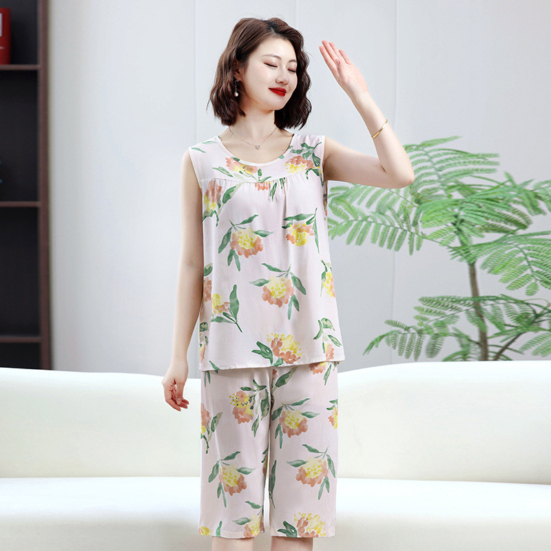 女性用コットンシルクパジャマ、夏用薄手コットンシルクホーム服、ノースリーブミドルパンツ、中高年者も屋外で着用可能、人工綿カバー|undefined
