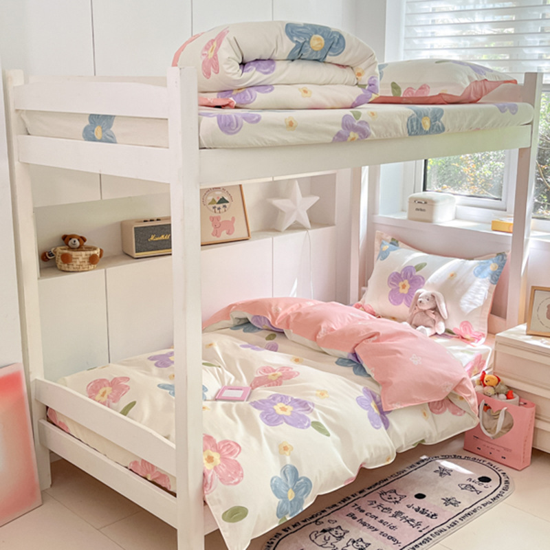 Juego de sábanas impresas de algodón de cuatro piezas Juego de tres piezas para estudiantes individual y doble, dormitorio doméstico de primavera y verano, sábanas lavables a máquina