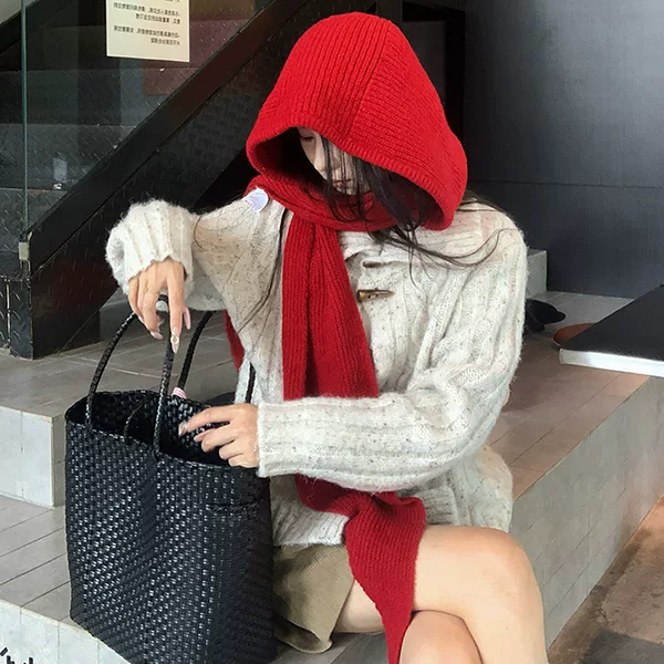 With wool Dongdaemun wool blend fashion shawl hat one-piece balaclava cap red vintage knit hat