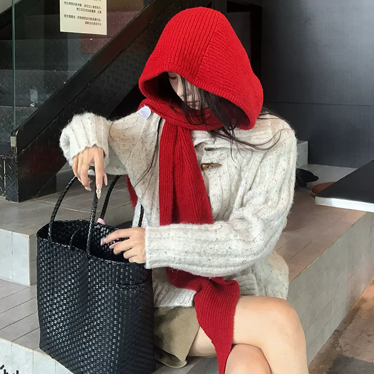 含羊毛东大门羊毛混纺时尚披肩帽一体巴拉克拉法帽红色复古针织帽