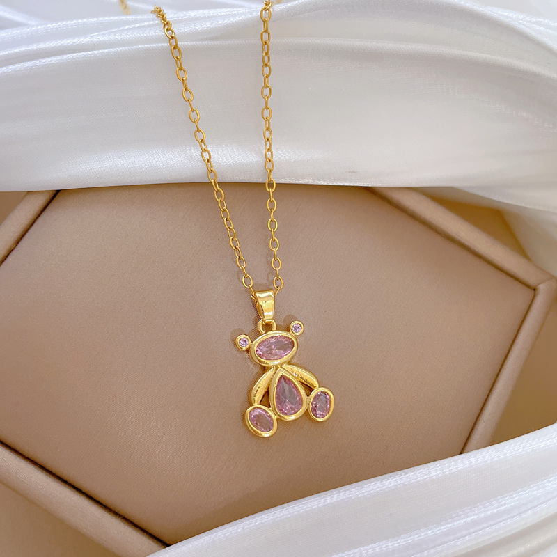Gorgeous Pink Bear Pendant Necklace - Versatile Titanium Steel_voghion.com