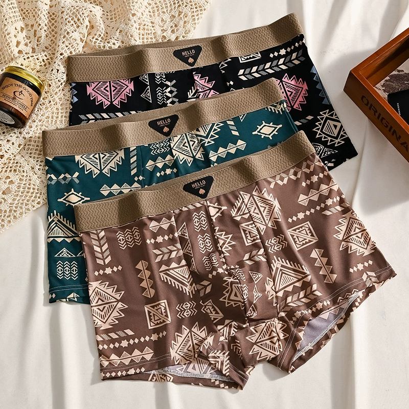 Мужское нижнее белье из ледяного шелка, спортивное молодежное тонкое дышащее летнее легкое и среднее талии, крутой большой размер, этнический стиль с принтом