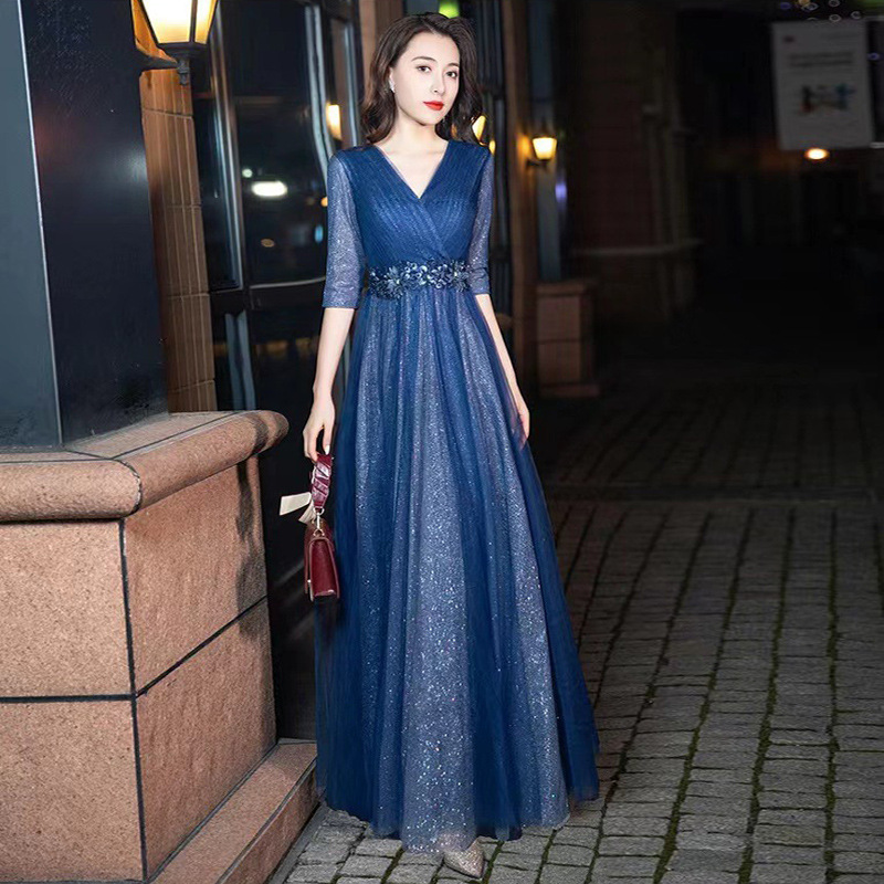 Blue Evening Dress for Women 2025 New Accessible Luxury Niche Classy Banquet Elegant Annual Meeting Classy Performance Host Skirt