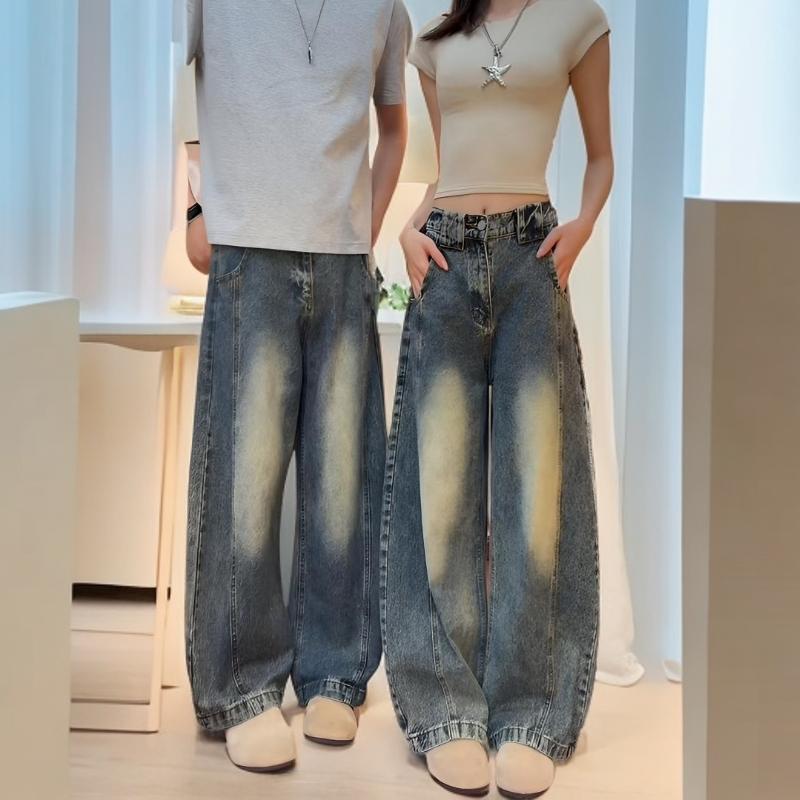 American-style vintage washed distressed curved hem jeans for men and women, spring/summer trendy high street versatile loose straight denim American-style vintage washed distressed curved hem jeans for men and women, spring/summer trendy high street versatile loose straight denim