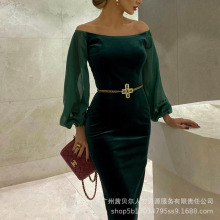 女装欧美新款一字肩丝绒 连衣裙ODS0730