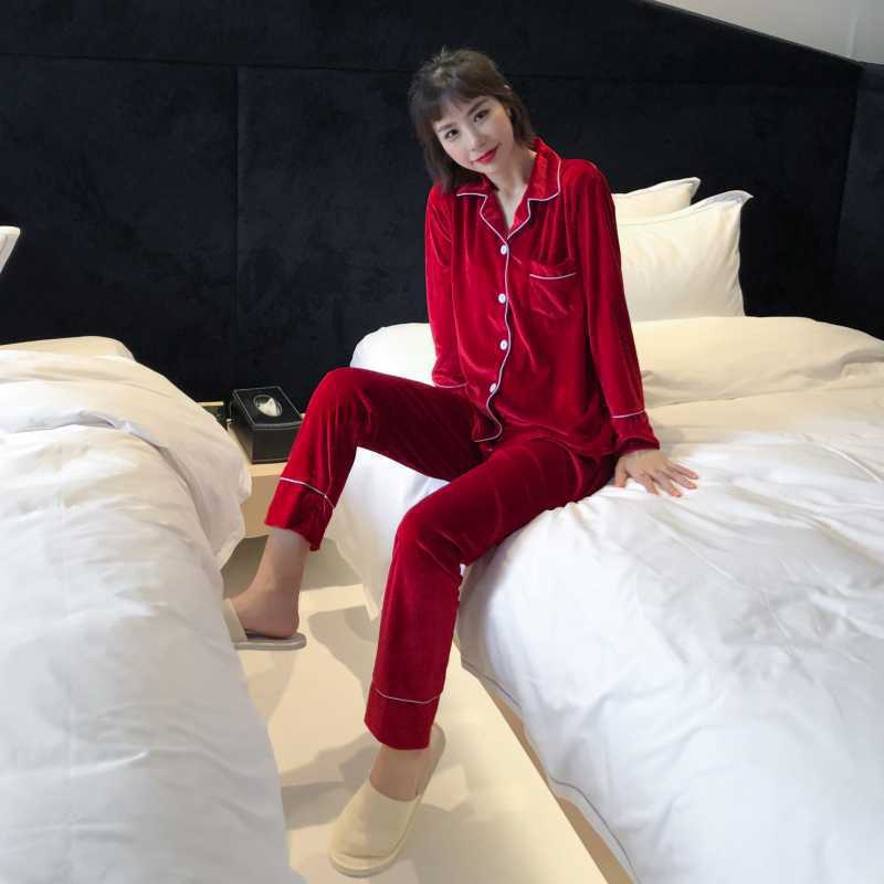 Coreano terciopelo pareja pijamas de las mujeres Otoño e Invierno de manga larga cardigan oro terciopelo cardigan simple ropa de hogar traje de los hombres más el tamaño