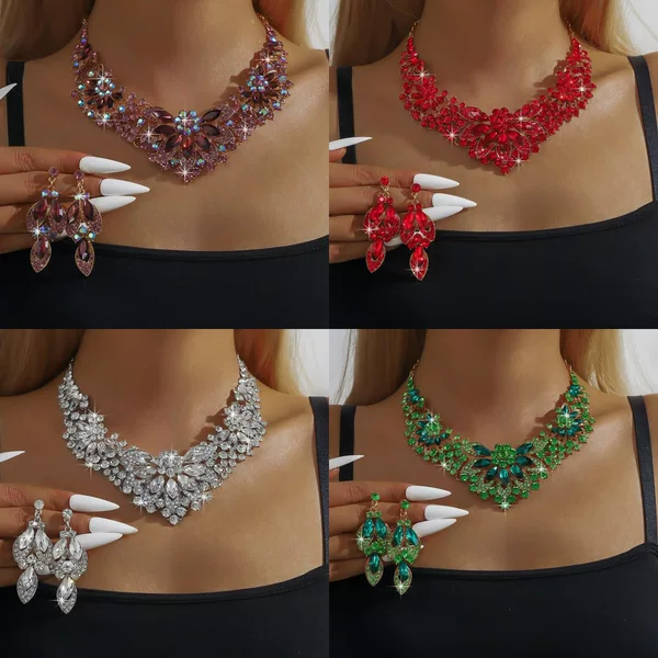 European and American Cross-border Bride Necklace Earrings Two-piece Colorful Leaves Flowers Retro High-grade Design Accessories for Bride