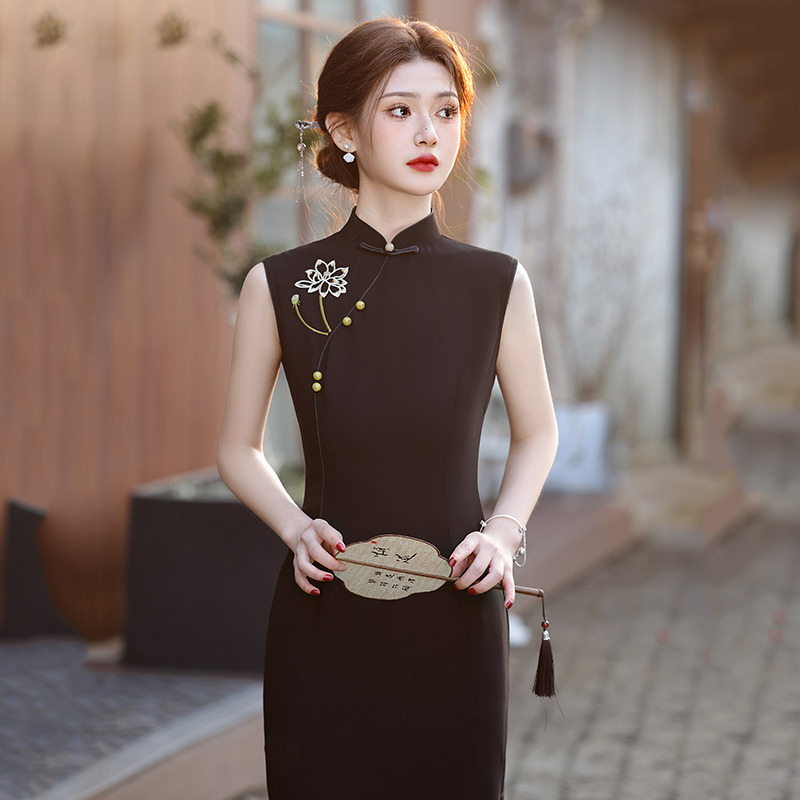 Black long lightweight retro summer cheongsam sleevless