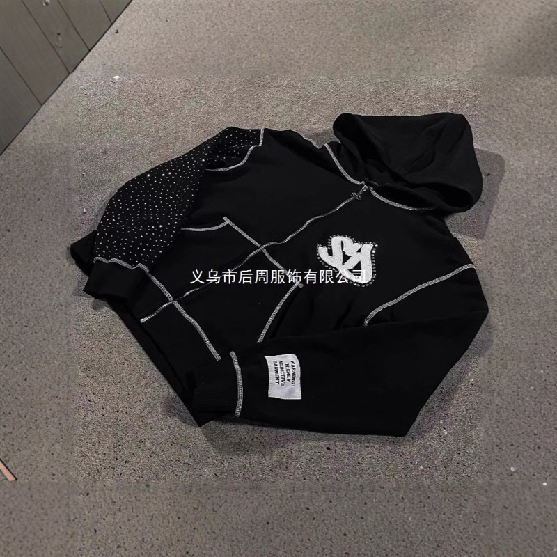 Cross-Border 2025 New Black Hooded Rhinestone Sweatshirt Cardigan, Fashionable Commuter Versatile Personalized Street Style Cardigan Sweatshirt