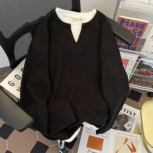 Men's Cleanfit Trend Brand Simple Retro Casual Loose Long Sleeve T-Shirt with Plaid Design for Spring and Autumn