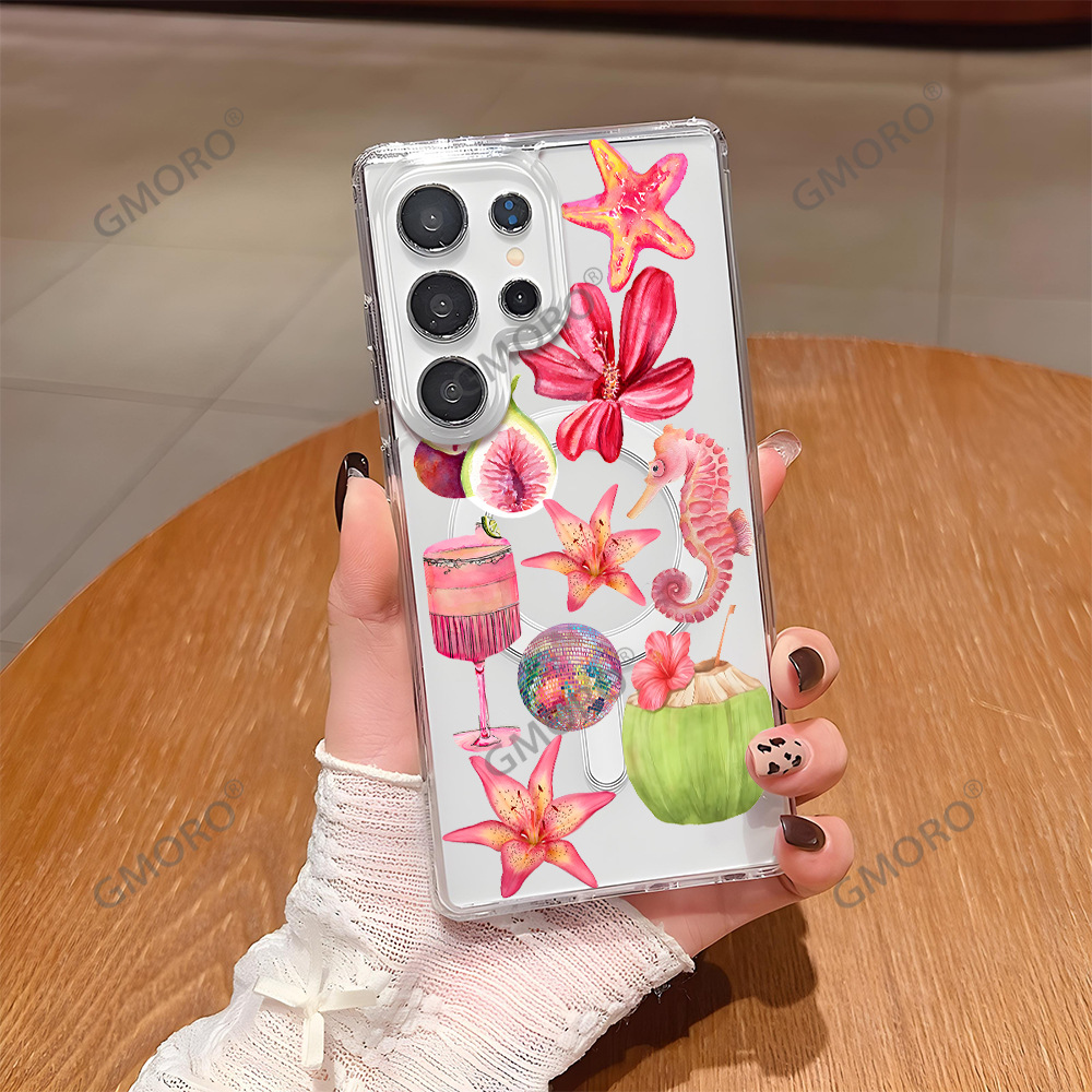 外贸高级感彩色花朵椰子手机壳适用三星S24+磁吸透明S25防摔硬壳