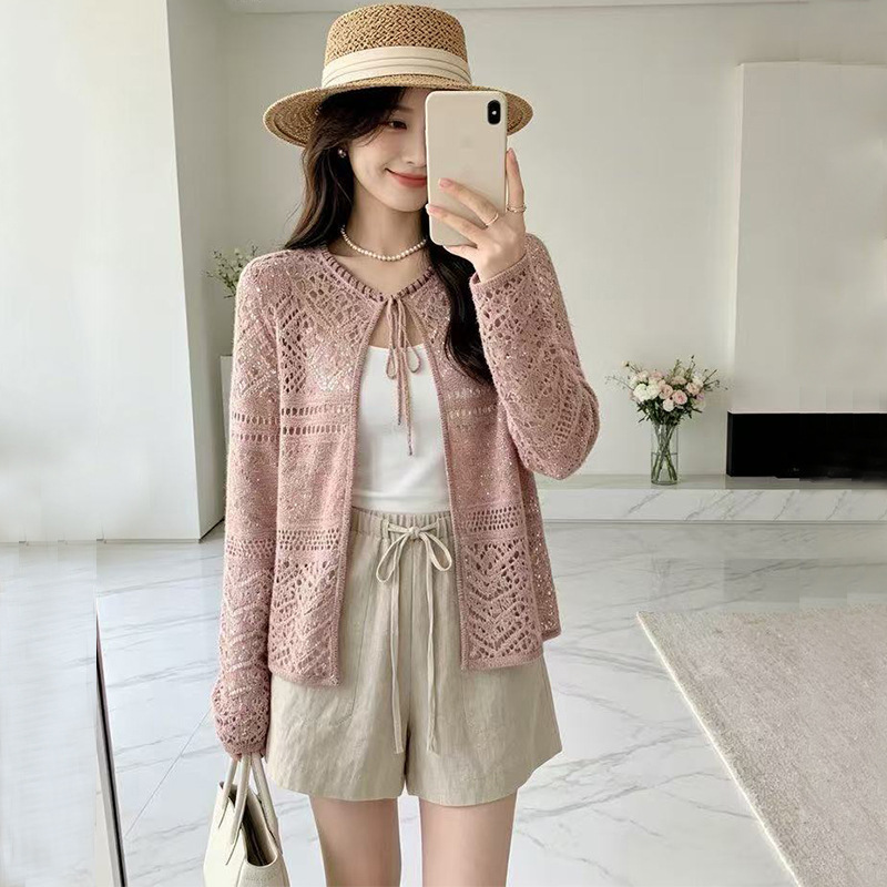 D D New Summer Style Linen-Cotton Blend Retro Fine Glitter Hollow-Out Lace-Up Versatile Knitted Cardigan Sun Protection Jacket for Women