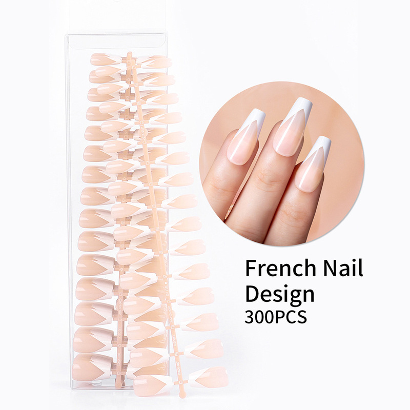 30-Piece French V-Shaped Matte Acrylic False Nails with White Edges, Wholesale 30-Piece French V-Shaped Matte Acrylic False Nails with White Edges, Wholesale
